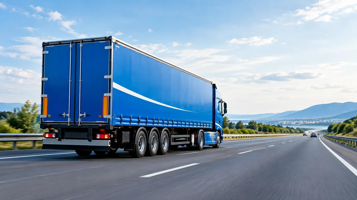 A blue freight trailer travelling away from the camera along an open highway.