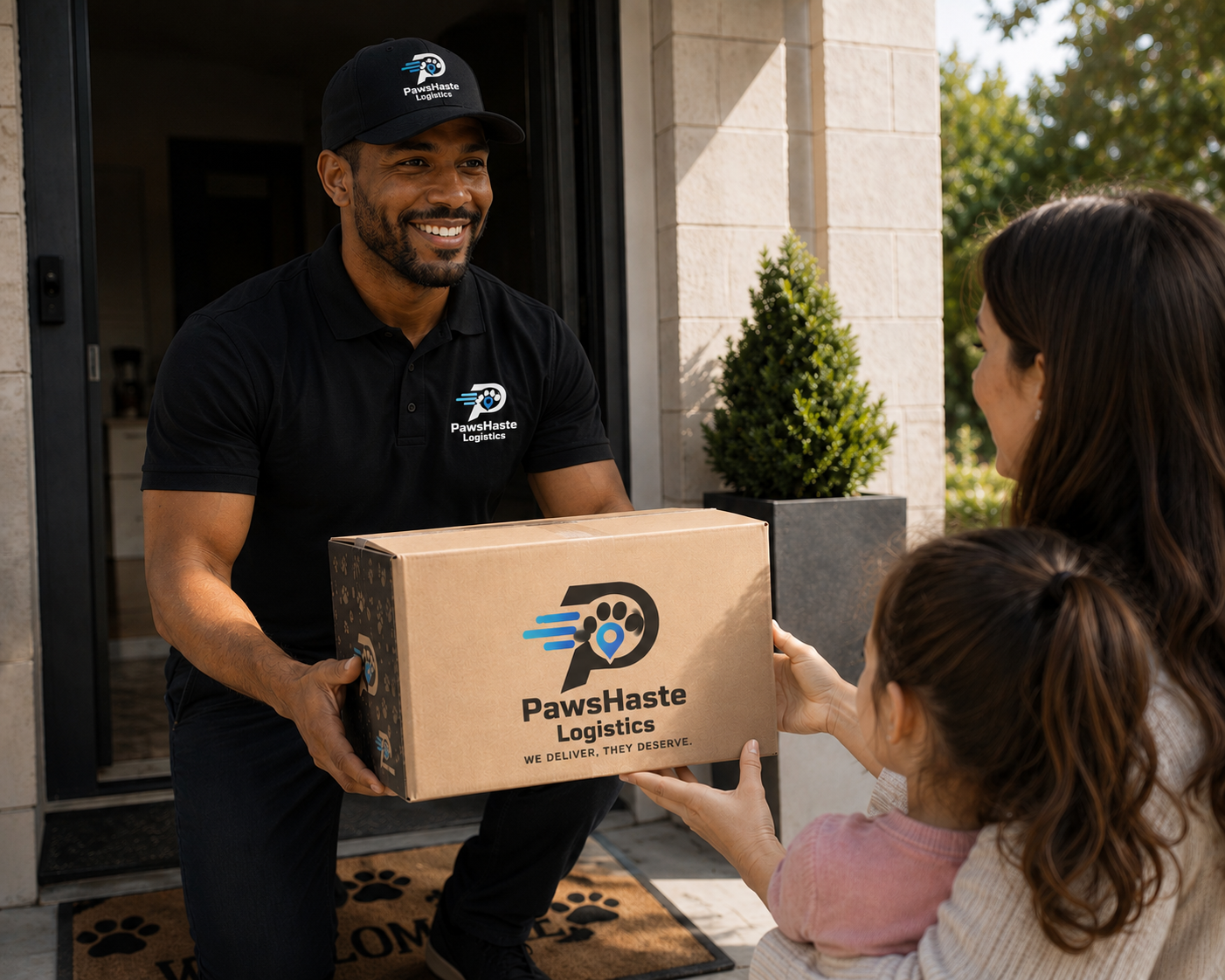 A handler passing a crate to a customer at their door.