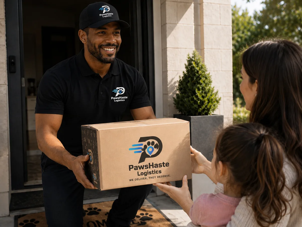 A PawsHaste handler completing a doorstep hand over.