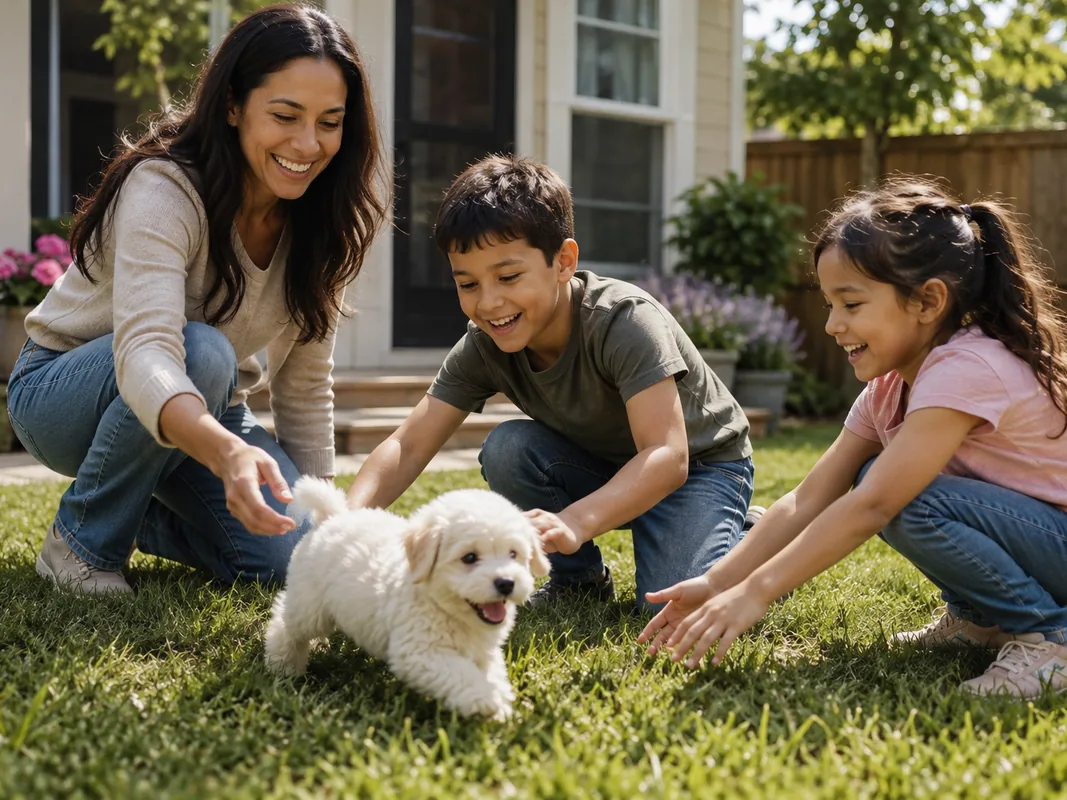 A family meeting their puppy on the lawn after hand over.