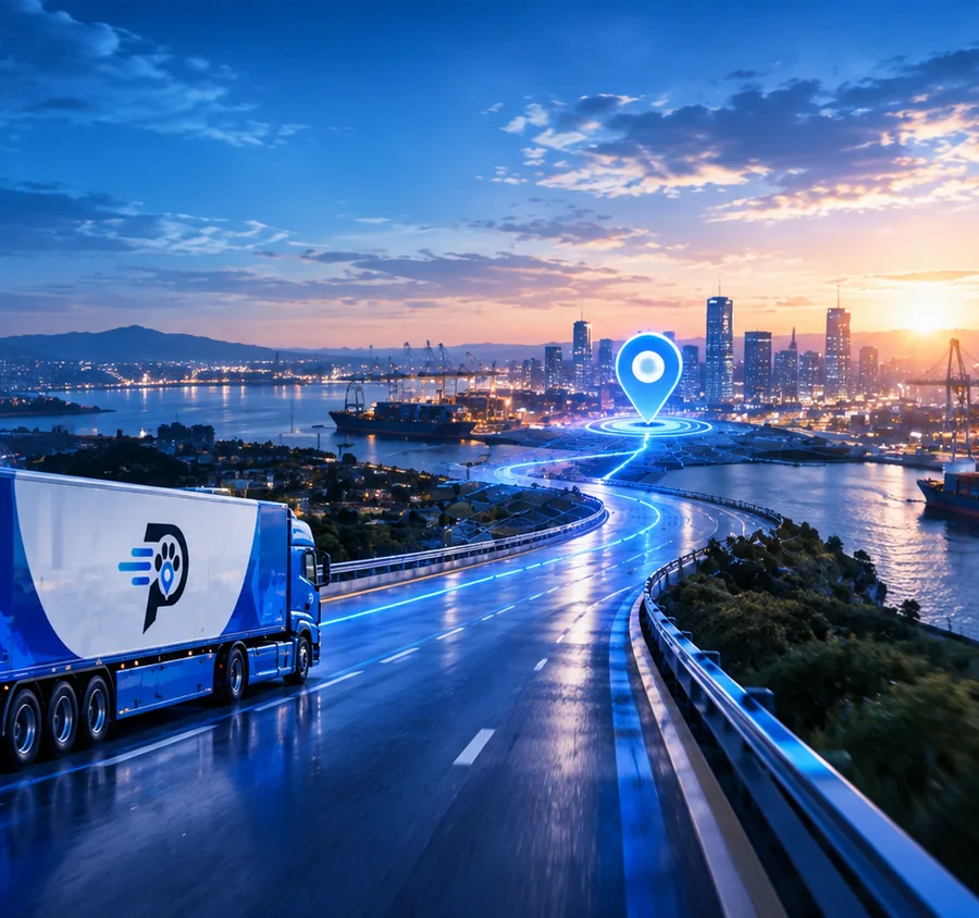 A PawsHaste transport unit on the highway at dusk, its route lit toward a destination marker over the city.